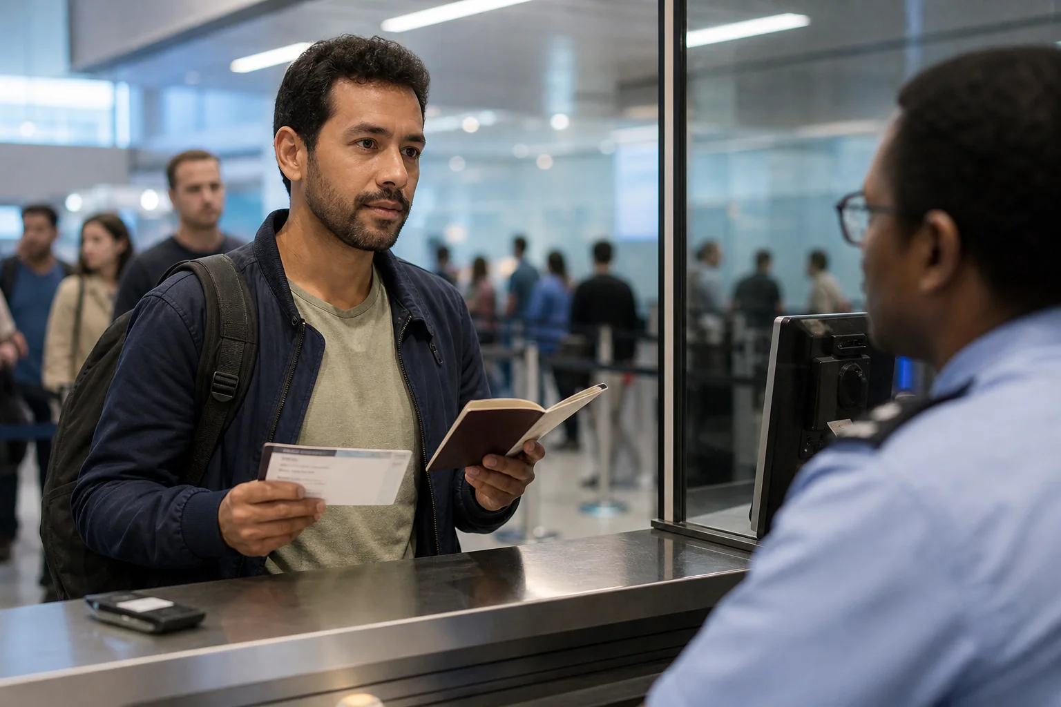 Viajante em balcão de imigração no aeroporto mostra passaporte durante entrevista curta, em ambiente calmo e organizado.