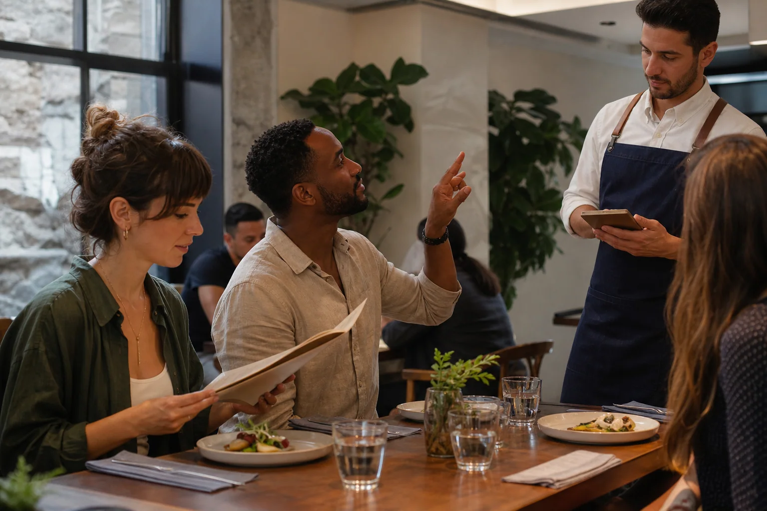 Grupo pequeno em restaurante consultando o cardápio e fazendo pedido ao atendente em ambiente acolhedor.