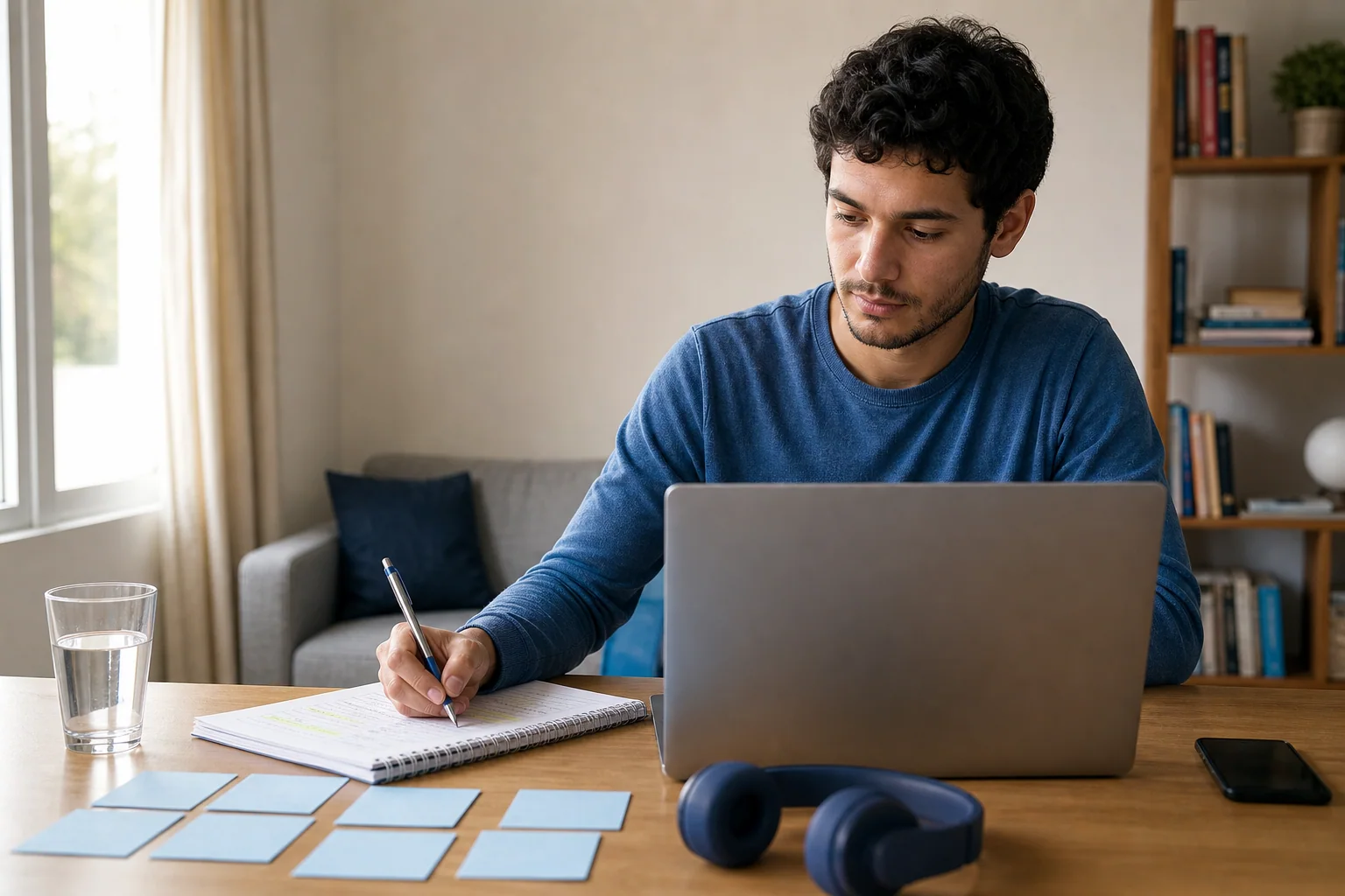 Pessoa estudando inglês em casa com laptop, caderno e flashcards, em uma rotina prática e organizada.