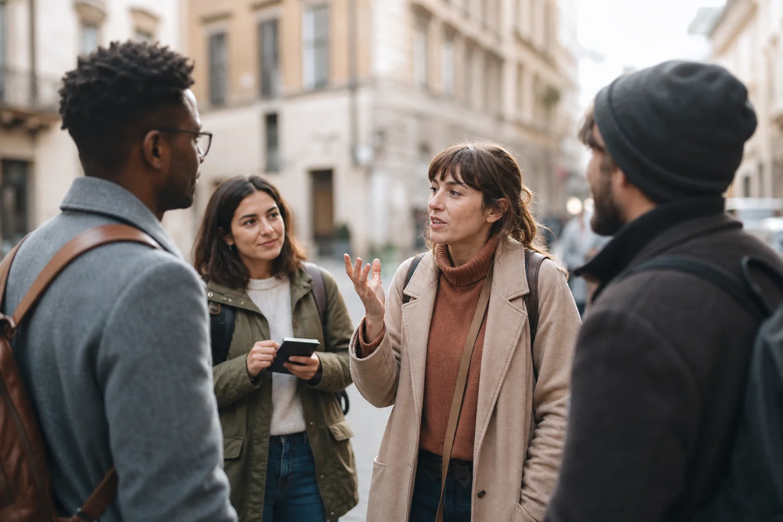 Grupo diverso de adultos participa de conversa em inglês durante um passeio urbano, com atitude ativa e ambiente real de cidade.