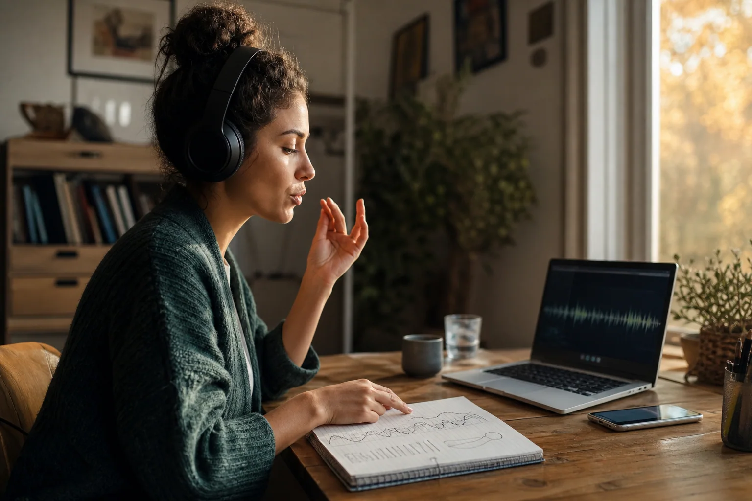 Pessoa estudando pronúncia em inglês com fones de ouvido, repetindo um áudio curto e fazendo anotações em casa.
