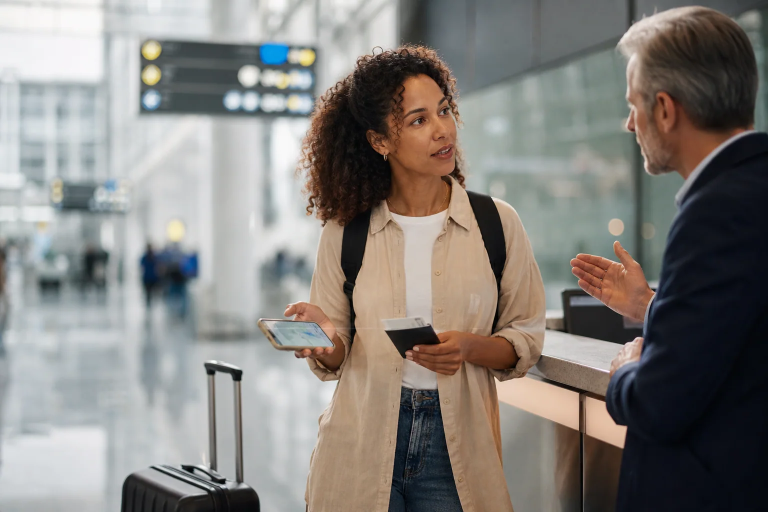 Viajante conversa com um funcionário em terminal internacional enquanto consulta o celular e segura documentos de viagem.