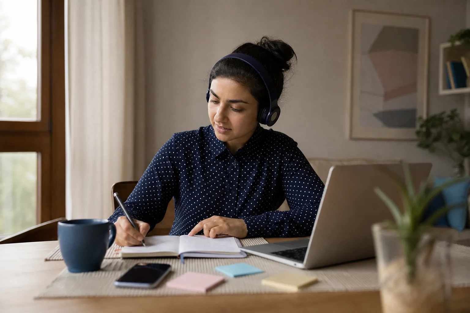 Pessoa adulta estudando inglês em casa com caderno, fones e celular, em uma rotina curta e realista de estudo diário.