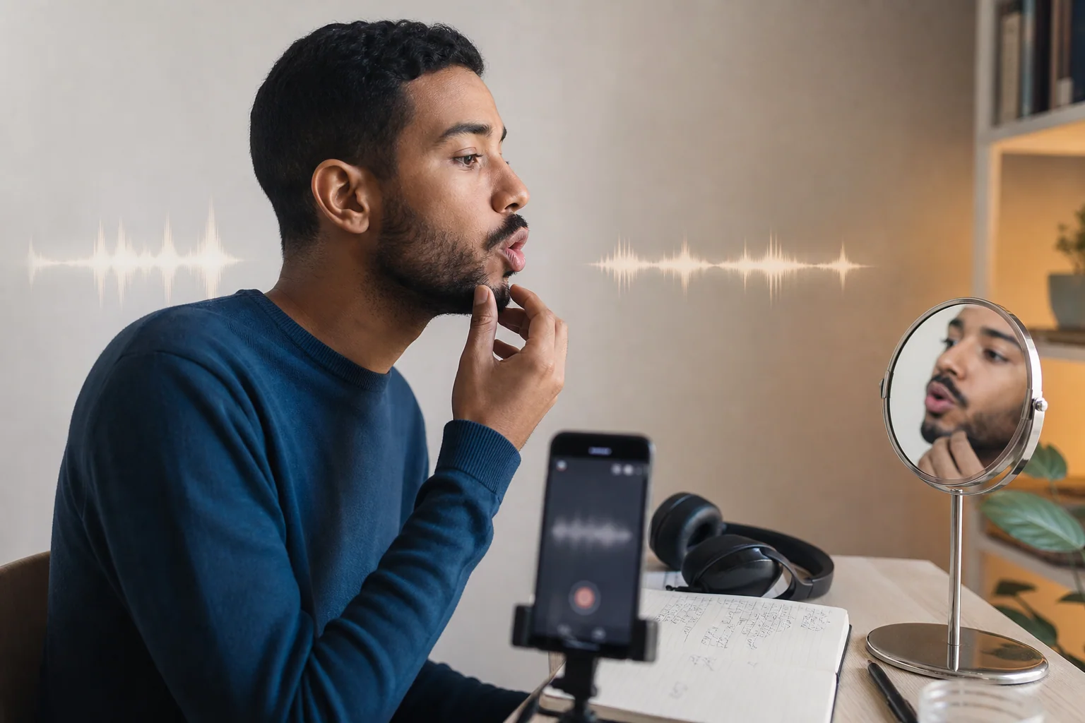 Pessoa brasileira praticando pronúncia em inglês diante de um espelho e do celular, em ambiente de estudo doméstico, com foco na posição da boca e na escuta.