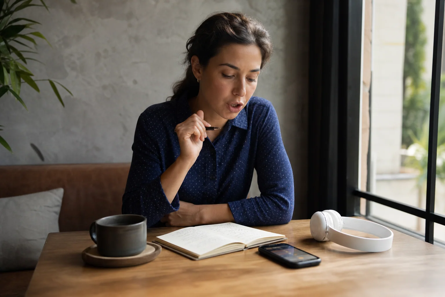 Pessoa estudando inglês com celular, caderno e fones em uma rotina simples e organizada, em ambiente caseiro com luz natural.