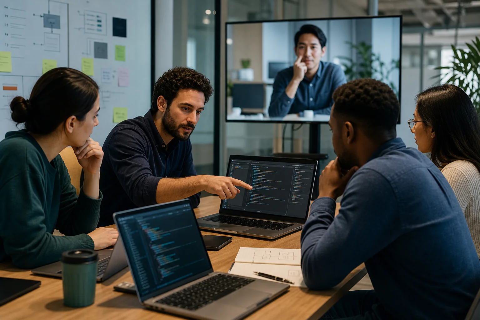 Equipe de desenvolvedores em reunião rápida com laptops e videochamada, discutindo código e atualização de status em ambiente colaborativo.