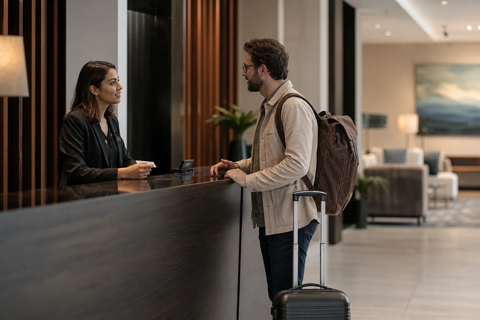 Viajante faz check-in de forma tranquila na recepção de um hotel moderno, com mala ao lado e ambiente acolhedor.