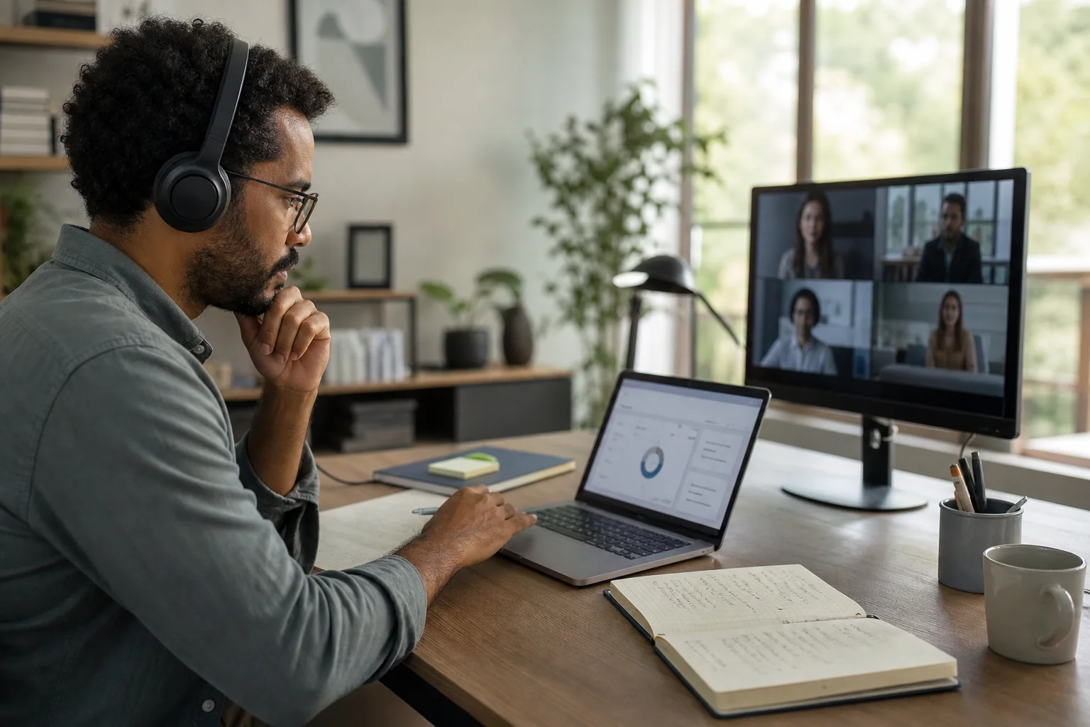 Profissional em escritório moderno trabalha no notebook com materiais em inglês e videochamada internacional ao fundo, representando o uso prático do inglês no trabalho.