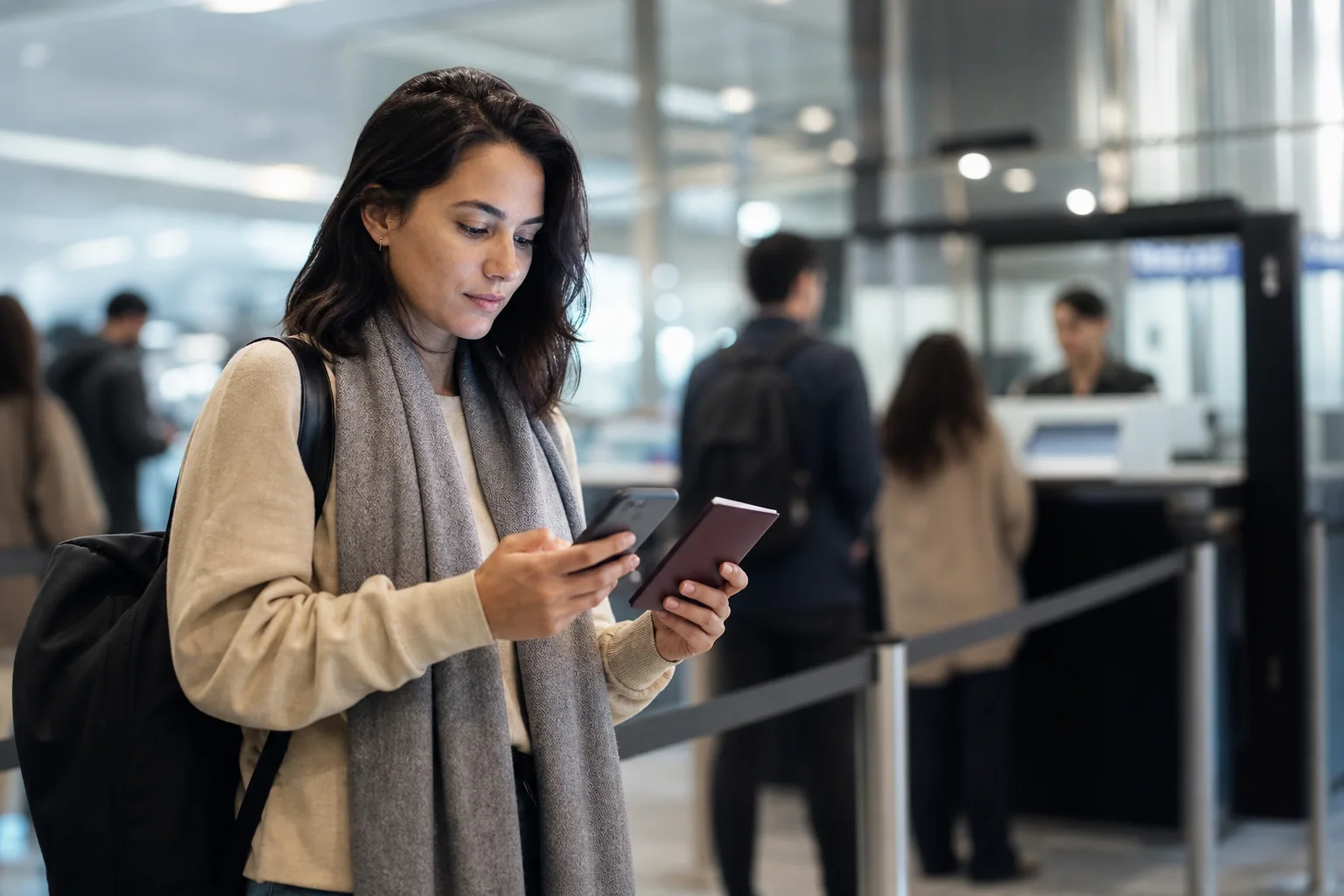 Viajante em aeroporto internacional, com passaporte e celular na mão, se preparando para passar pela imigração com calma.