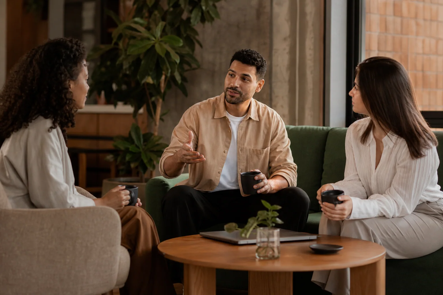 Duas ou três pessoas conversam de forma natural em um ambiente de trabalho informal, com clima acolhedor e linguagem corporal descontraída.
