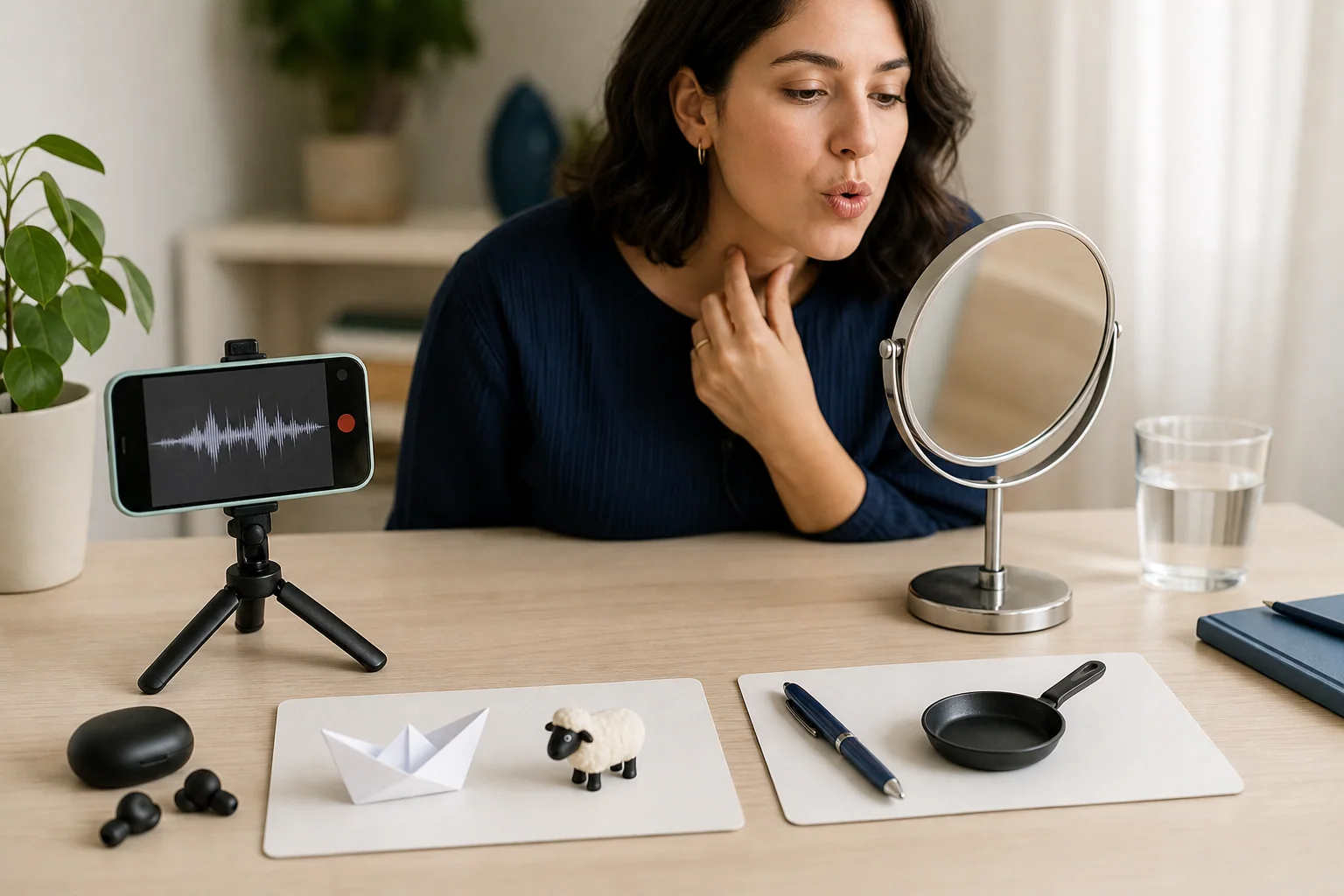Pessoa praticando pronúncia em inglês com celular gravando áudio, espelho de mesa e objetos que representam pares mínimos em uma composição editorial horizontal.