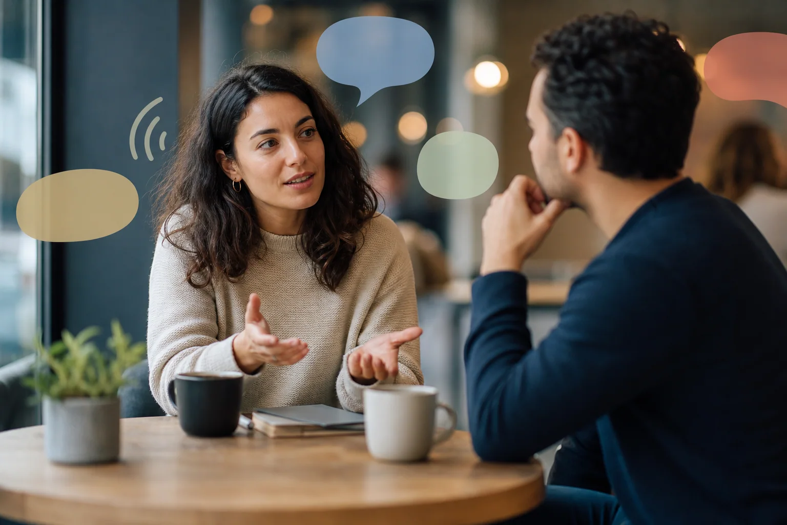 Duas pessoas conversam de forma descontraída em um ambiente cotidiano, transmitindo a ideia de respostas naturais em inglês no dia a dia.