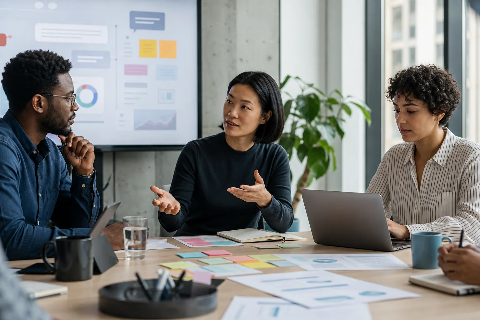 Equipe em reunião de trabalho discutindo feedback de forma colaborativa e respeitosa em um escritório moderno.