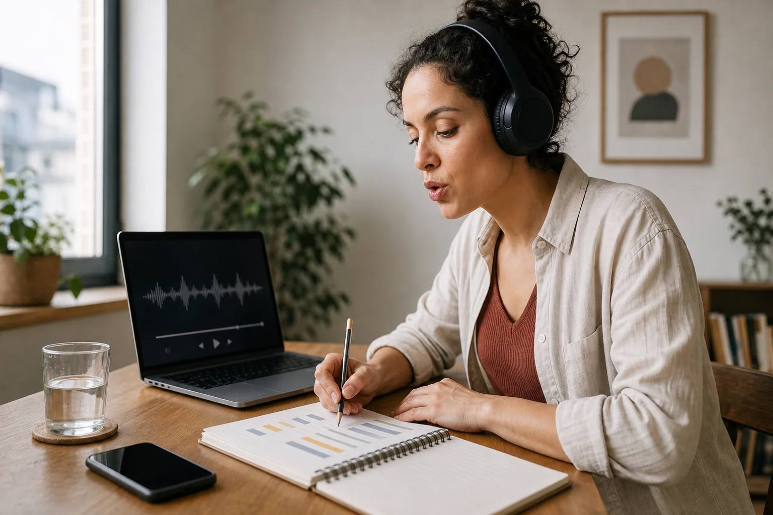 Pessoa estudando inglês com música em casa, ouvindo um trecho curto com fones e fazendo anotações em um caderno.