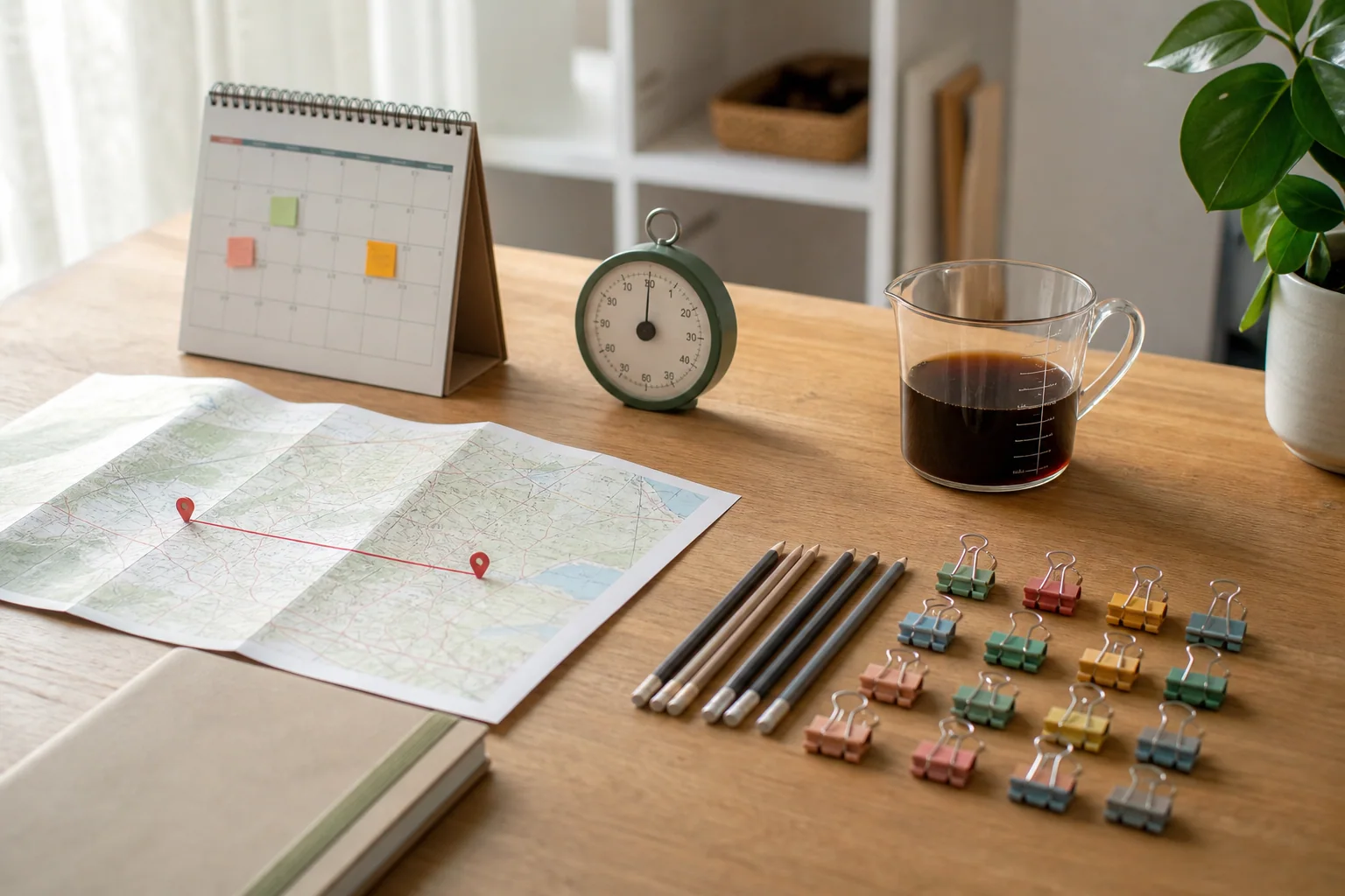 Mesa de estudo com calendário, cronômetro, mapa, itens contáveis organizados e copo medidor, simbolizando diferentes tipos de perguntas em inglês.