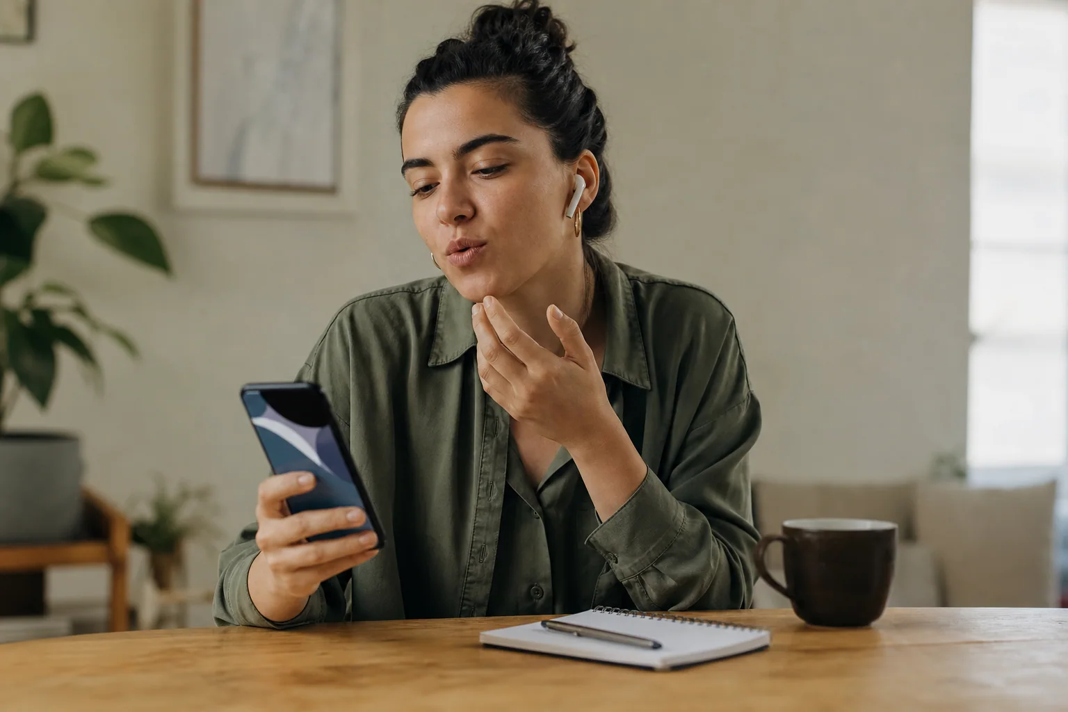 Pessoa estudando inglês pelo celular em uma mesa organizada, com poucos materiais e foco em revisão e prática ativa.