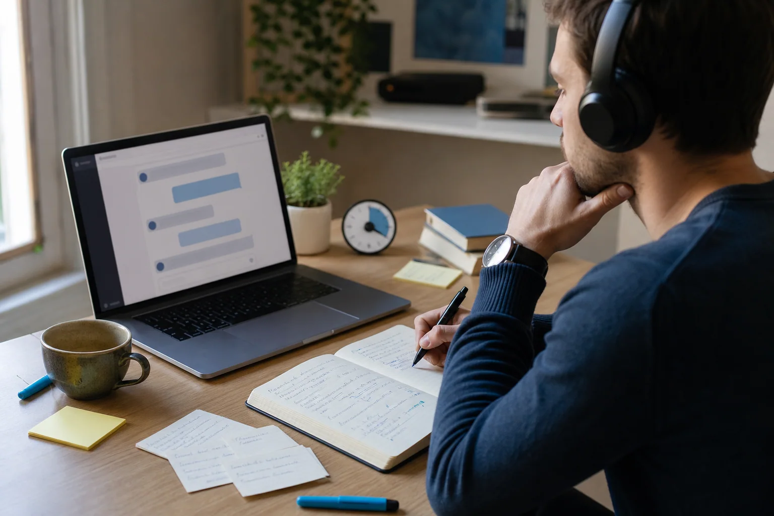 Pessoa estudando inglês com ajuda de uma IA no laptop enquanto faz anotações à mão em um caderno, em uma mesa de estudo iluminada naturalmente.