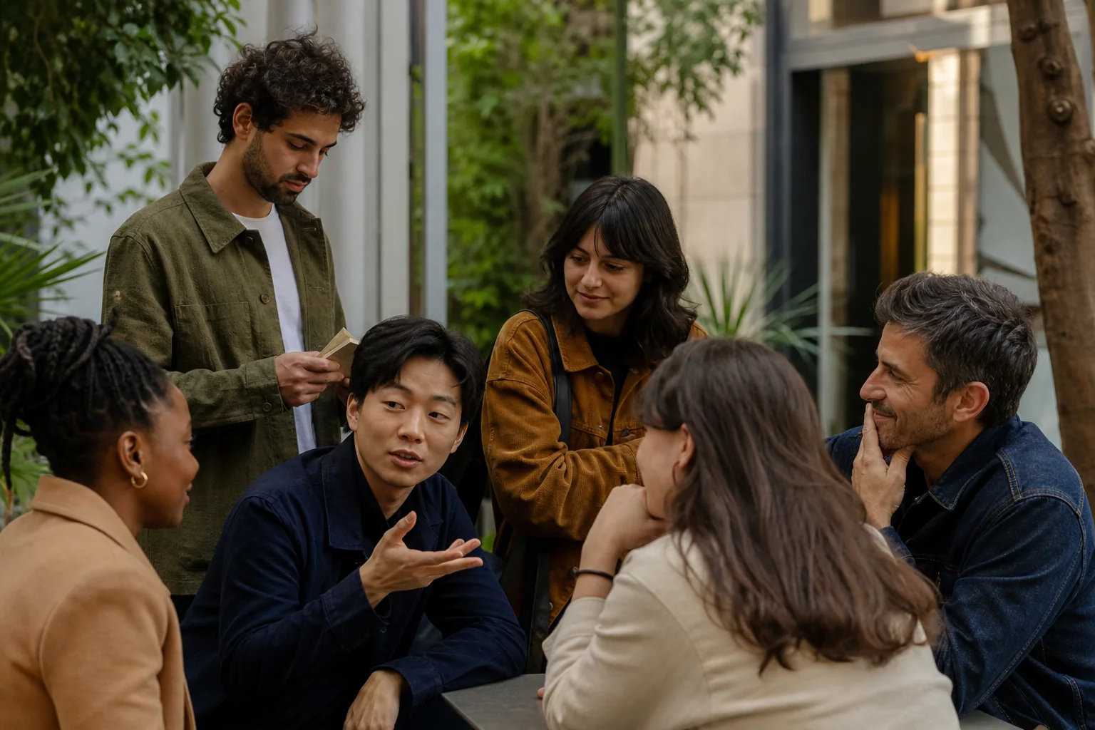 Grupo pequeno de adultos conversando em inglês em um evento presencial, com uma pessoa revisando notas discretamente enquanto participa da conversa.
