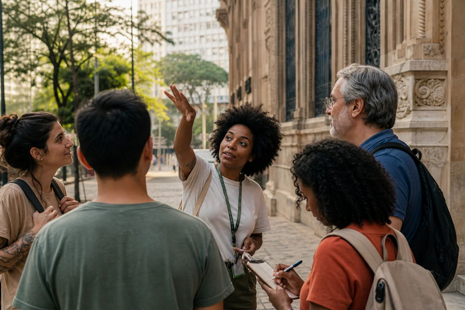 Grupo pequeno de adultos conversando em inglês durante um passeio urbano em área histórica, com uma pessoa anotando expressões após a interação.