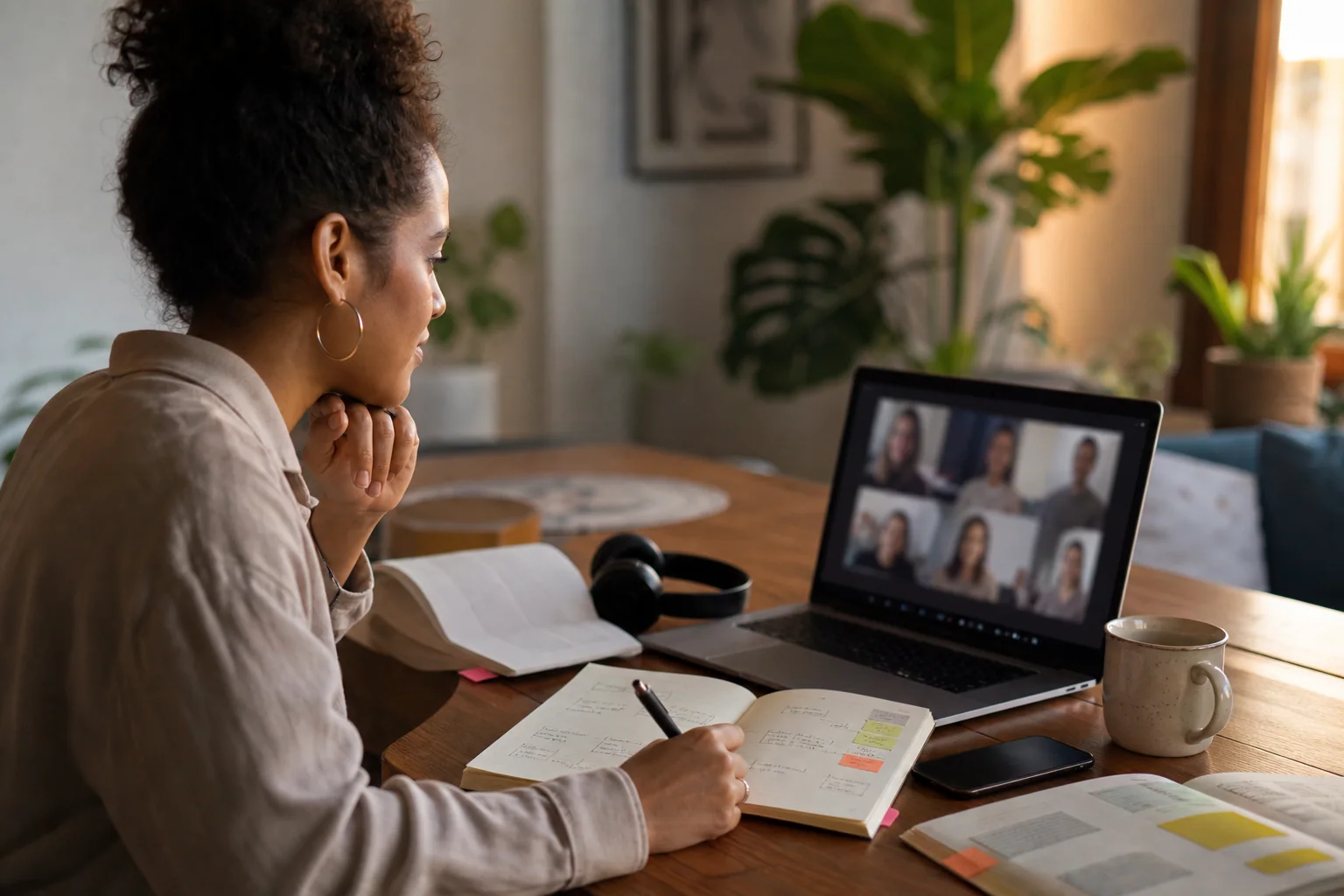Pessoa participa de clube de conversação online em inglês e faz anotações práticas em casa após ou durante a chamada.