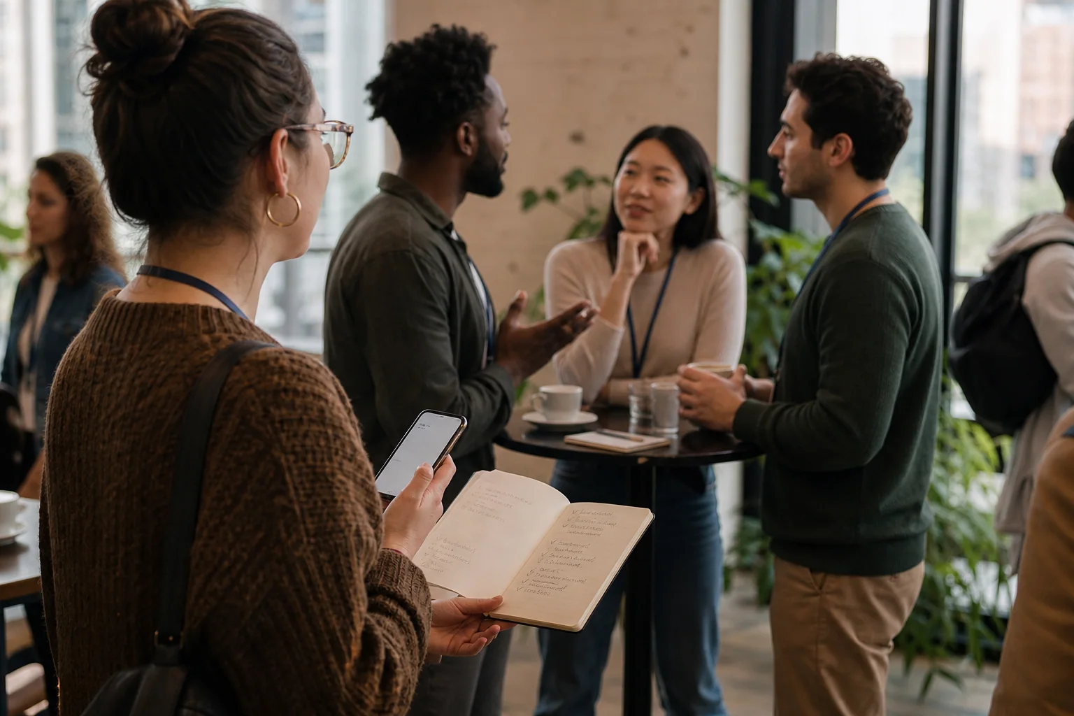 Grupo de adultos conversando em inglês em um evento presencial, enquanto uma participante faz anotações discretas em um caderno.