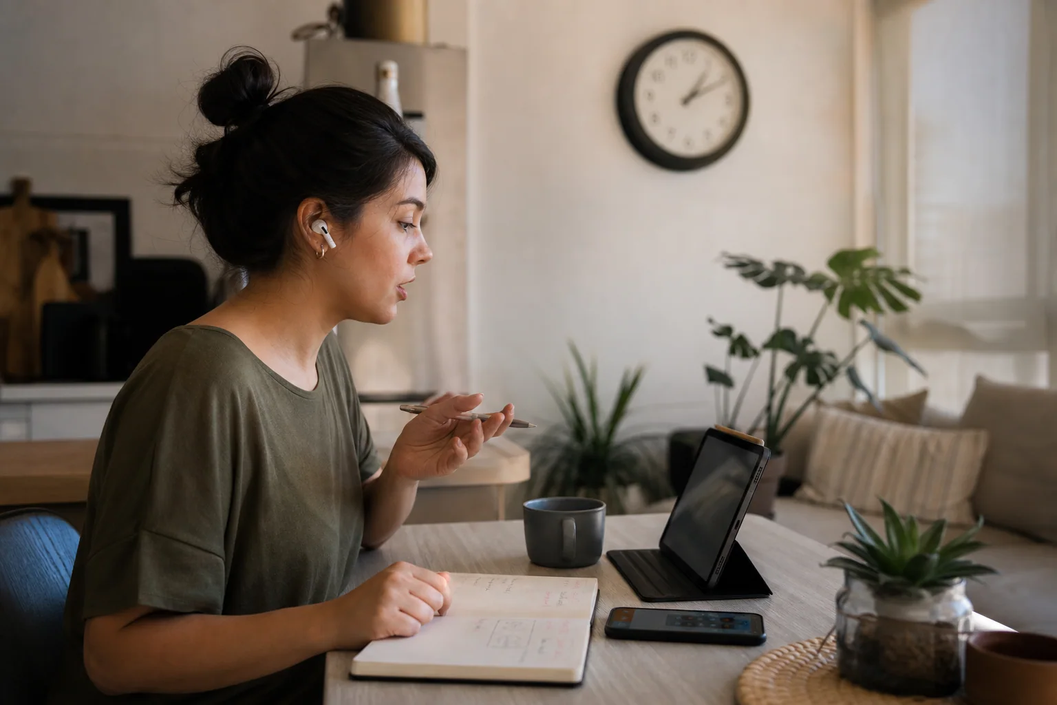 Pessoa adulta estudando inglês em casa em uma sessão curta, com notebook, celular e caderno em uma mesa simples, em ambiente doméstico iluminado por luz natural.