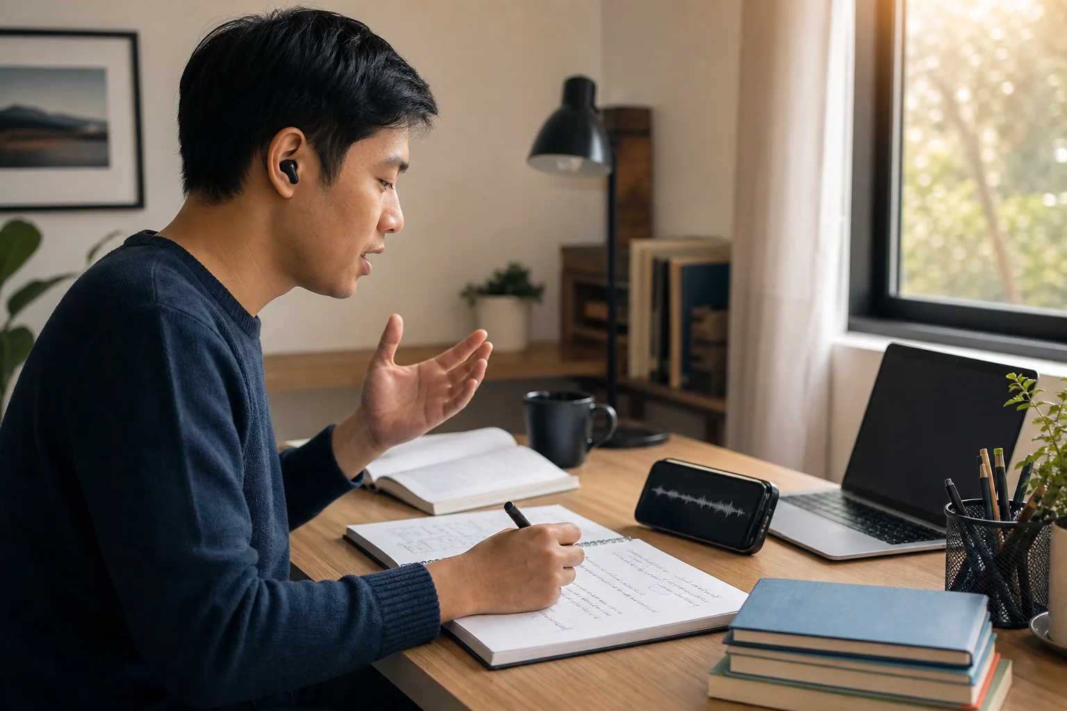 Pessoa estudando inglês sozinha em casa, ouvindo áudio e praticando fala com anotações curtas sobre a mesa.