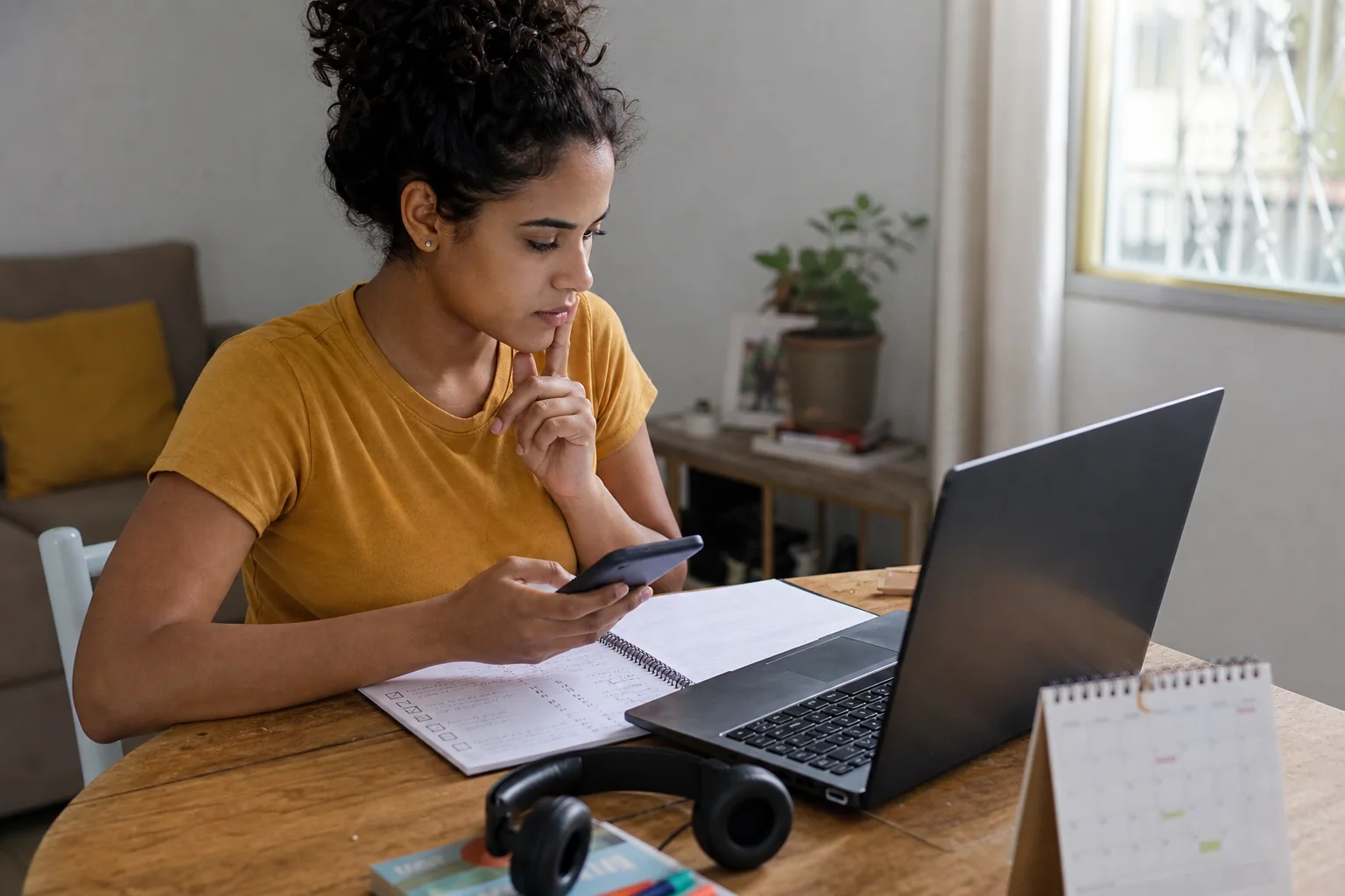 Jovem analisando em casa se um curso online de inglês cabe na rotina, com notebook, caderno e expressão de decisão.