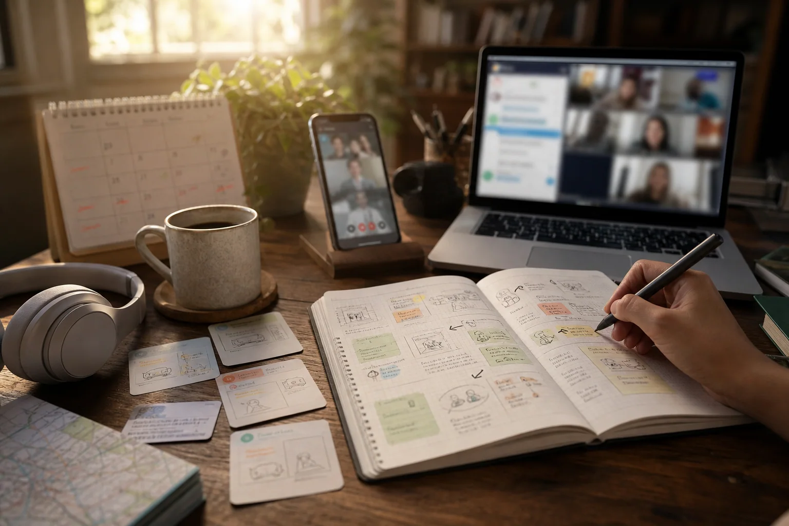 Mesa de estudo com caderno, celular e laptop sugerindo aprendizado de vocabulário em inglês por situações reais do dia a dia.