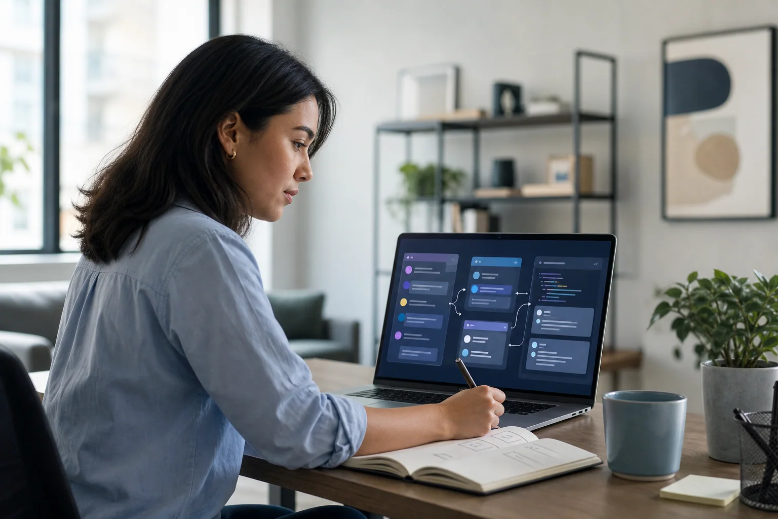 Desenvolvedor em ambiente de trabalho moderno escrevendo uma atualização clara no laptop, com interfaces abstratas que sugerem chat, tarefas e revisão de código.