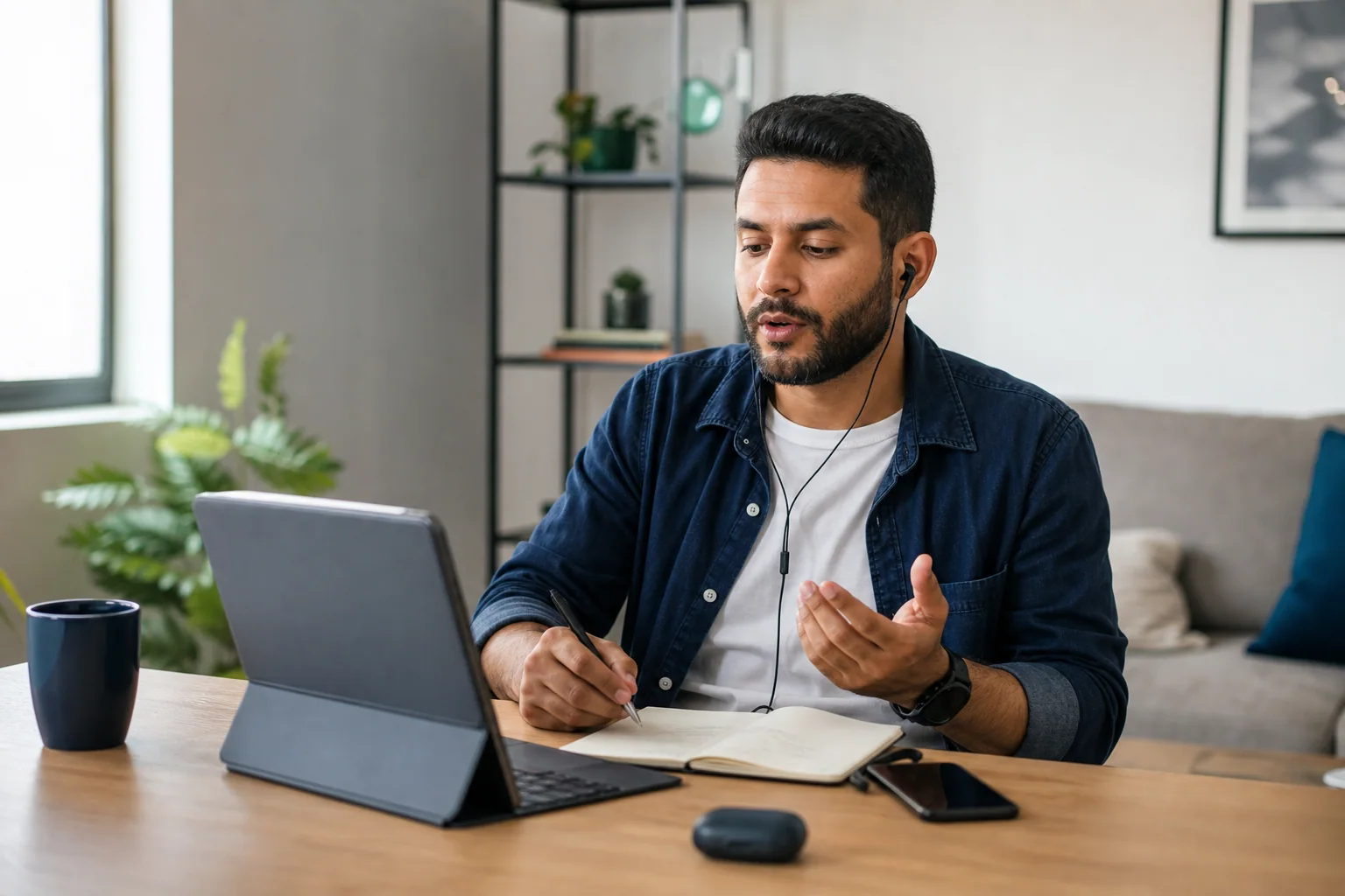 Pessoa estudando inglês em casa com notebook, celular e caderno em uma rotina curta e focada.