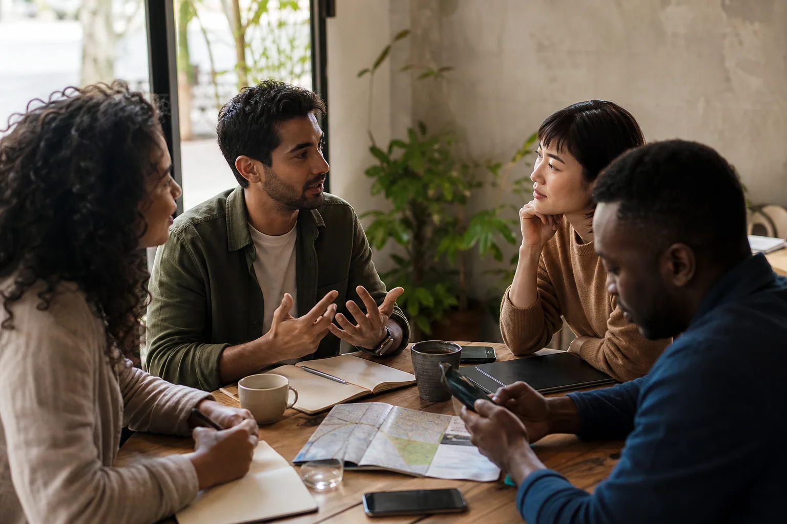 Grupo pequeno de adultos conversa em um café após um evento, enquanto uma pessoa revisa anotações no celular, sugerindo prática de inglês que continua depois do encontro.