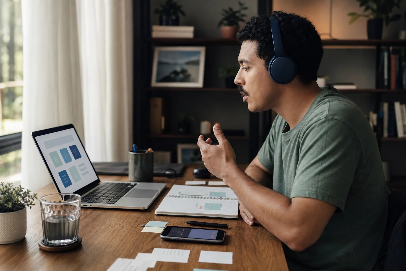 Pessoa adulta estudando idiomas em casa com notebook, celular e caderno, em uma rotina curta de revisão e prática de fala.