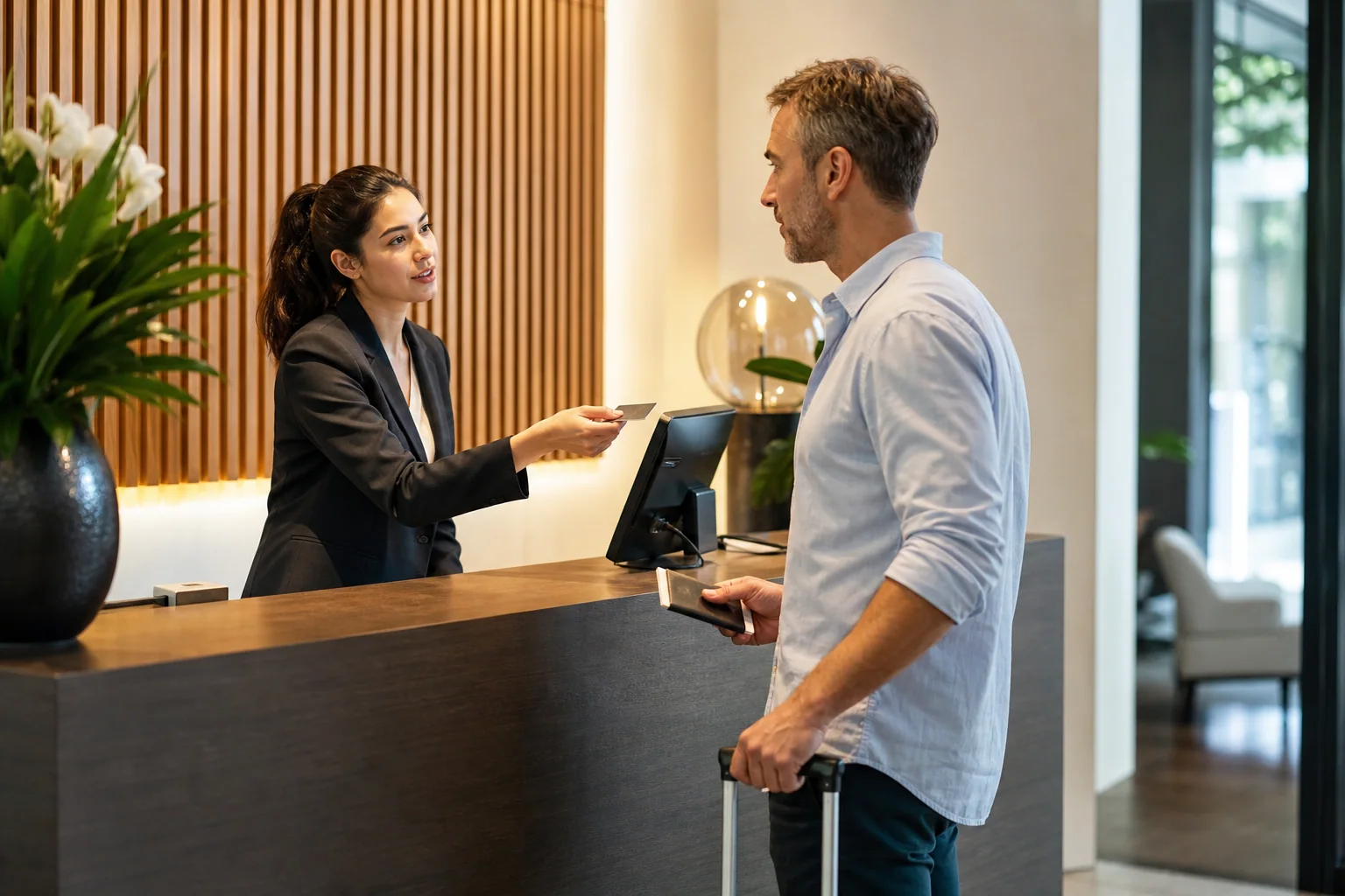 Recepcionista de hotel atende um hóspede no balcão durante o check-in em um ambiente moderno e acolhedor.