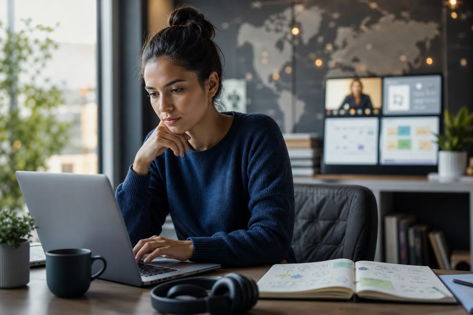 Profissional em mesa de trabalho com laptop, analisando tarefas de comunicação em inglês em um ambiente corporativo moderno e remoto.