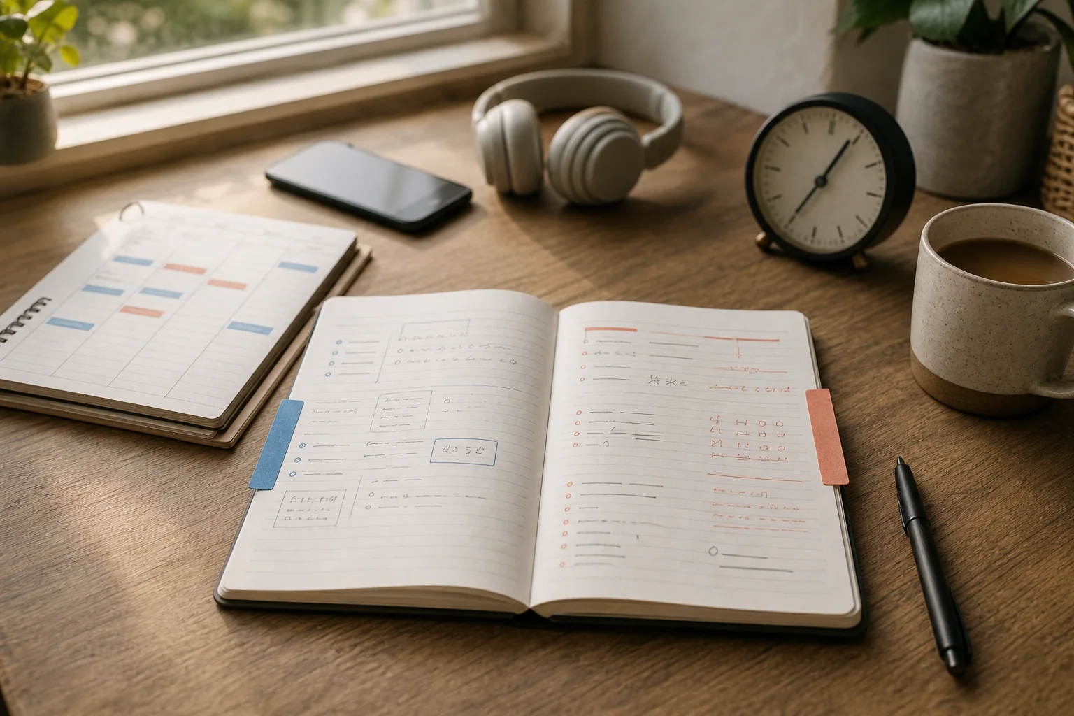 Mesa de estudos organizada com caderno dividido em dois blocos, planner semanal e fones, representando o equilíbrio entre inglês e um segundo idioma.