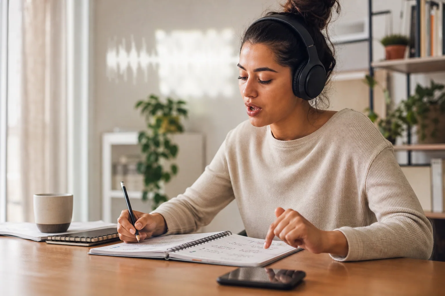 Pessoa estudando inglês com música de forma ativa, com fones de ouvido e anotações curtas em um caderno, em mesa iluminada por luz natural.