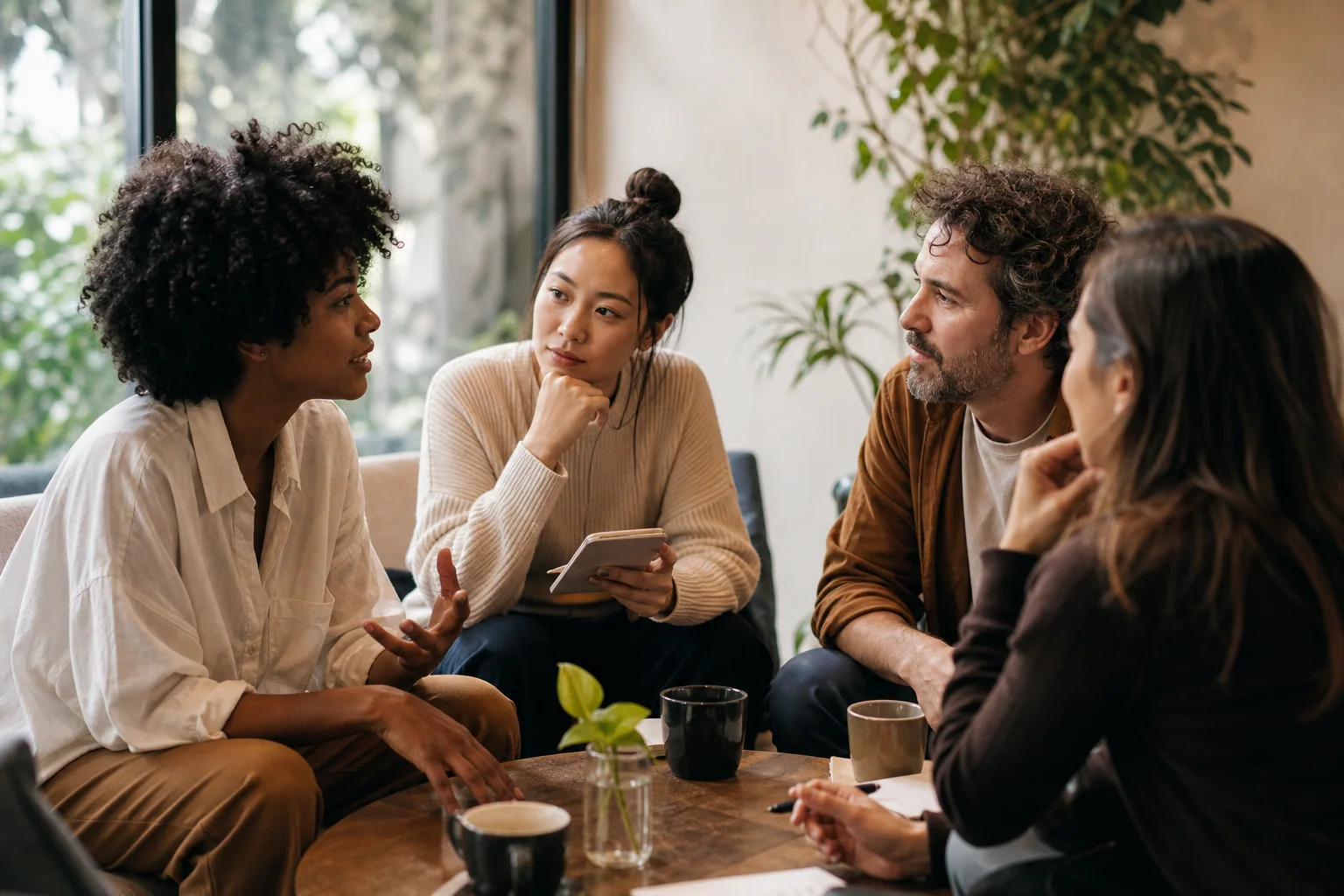 Grupo pequeno de adultos conversando em um encontro presencial enquanto uma pessoa faz poucas anotações, sugerindo prática de inglês que continua depois do evento.