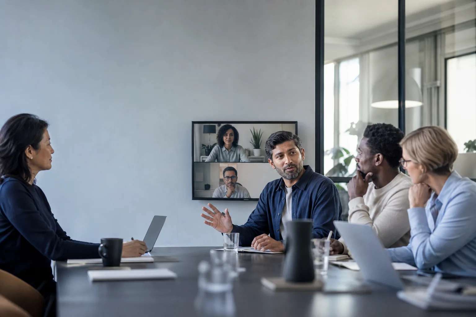 Equipe em reunião de trabalho em um momento de discordância construtiva, com postura calma e colaborativa em uma sala moderna.