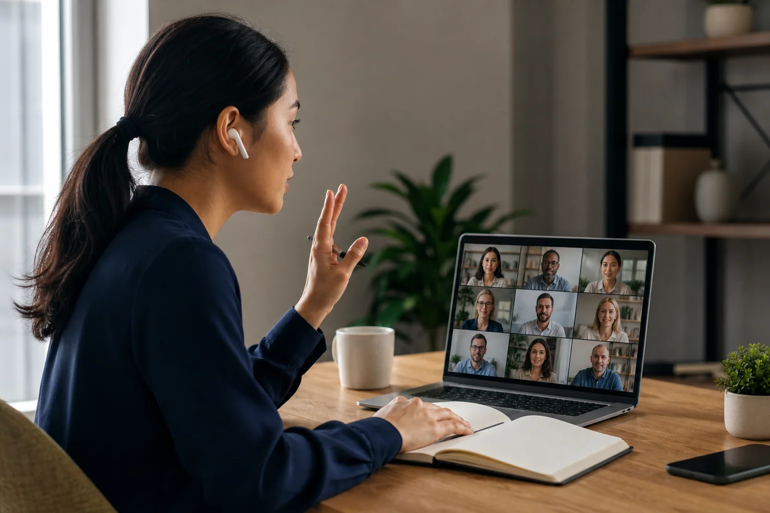 Profissional em uma videochamada com time global, fazendo gesto sutil de esclarecimento enquanto acompanha a reunião no laptop.
