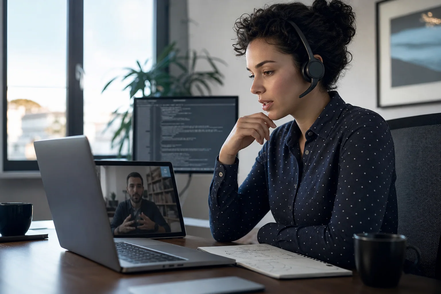 Profissional de tecnologia em home office participa de entrevista técnica remota com expressão calma e concentrada, diante de notebook e anotações.