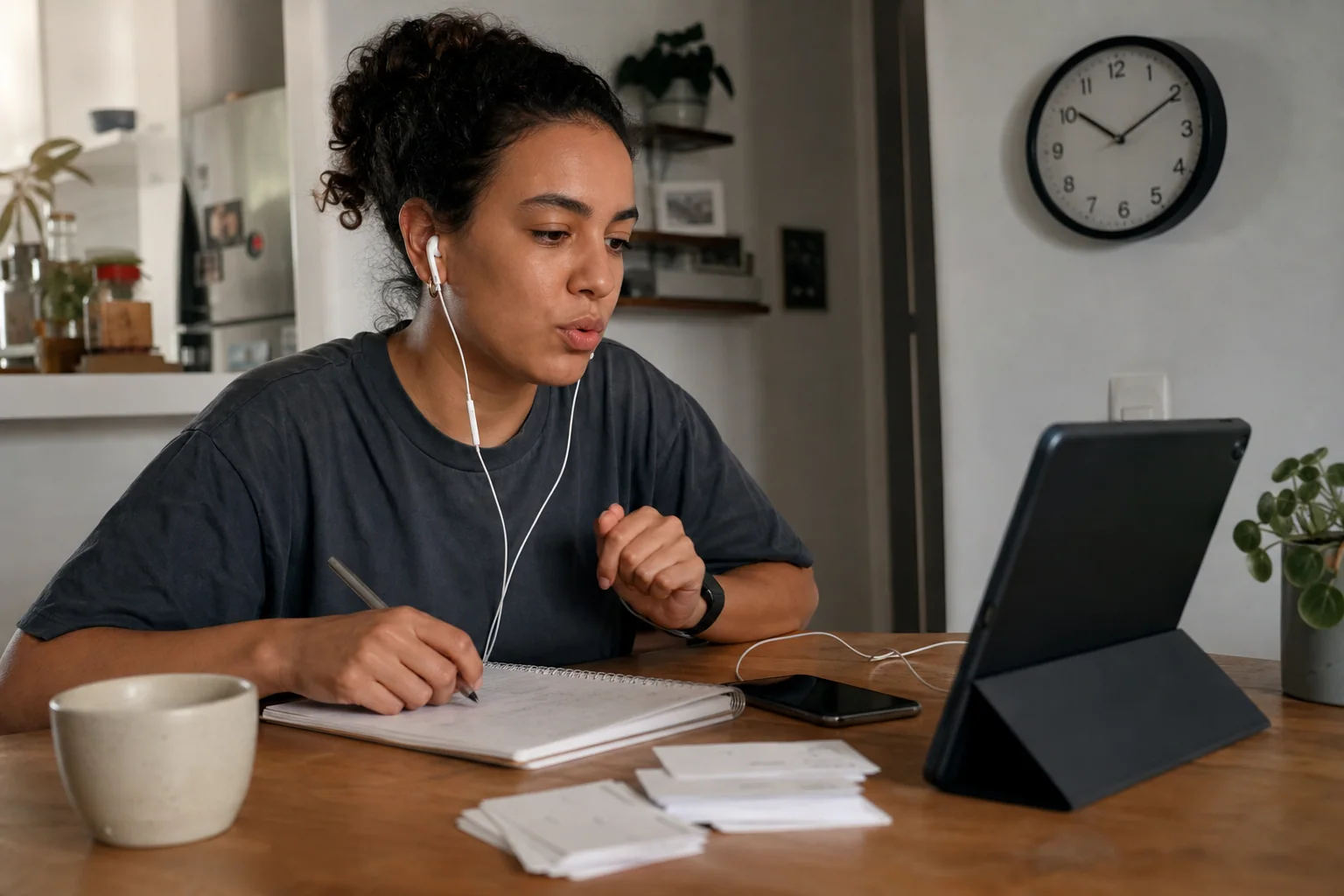 Pessoa adulta estudando inglês em casa por poucos minutos, com notebook, celular, caderno e prática de fala em uma mesa simples.