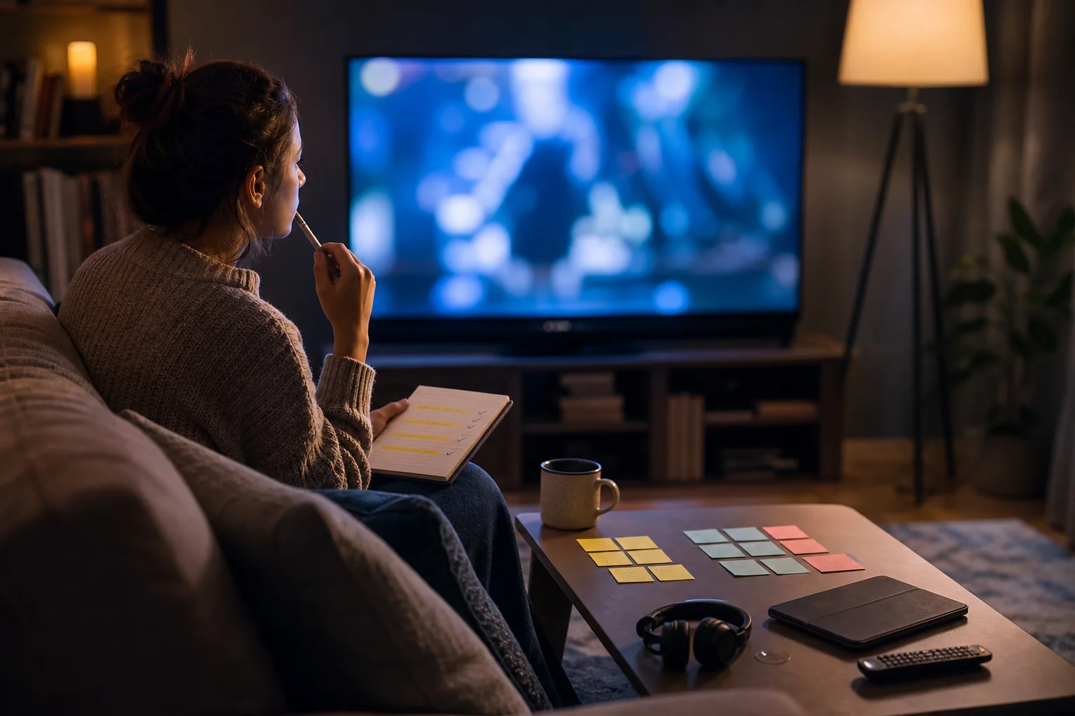 Pessoa estudando inglês com séries na sala, analisando anotações enquanto assiste à TV desfocada.