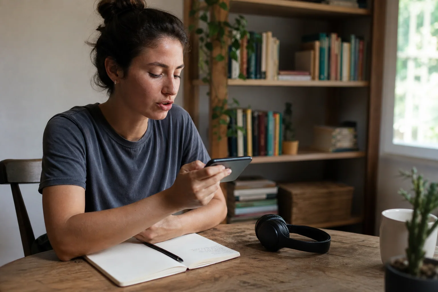 Pessoa estudando idioma no celular com caderno ao lado em uma mesa simples, em ambiente claro e organizado.