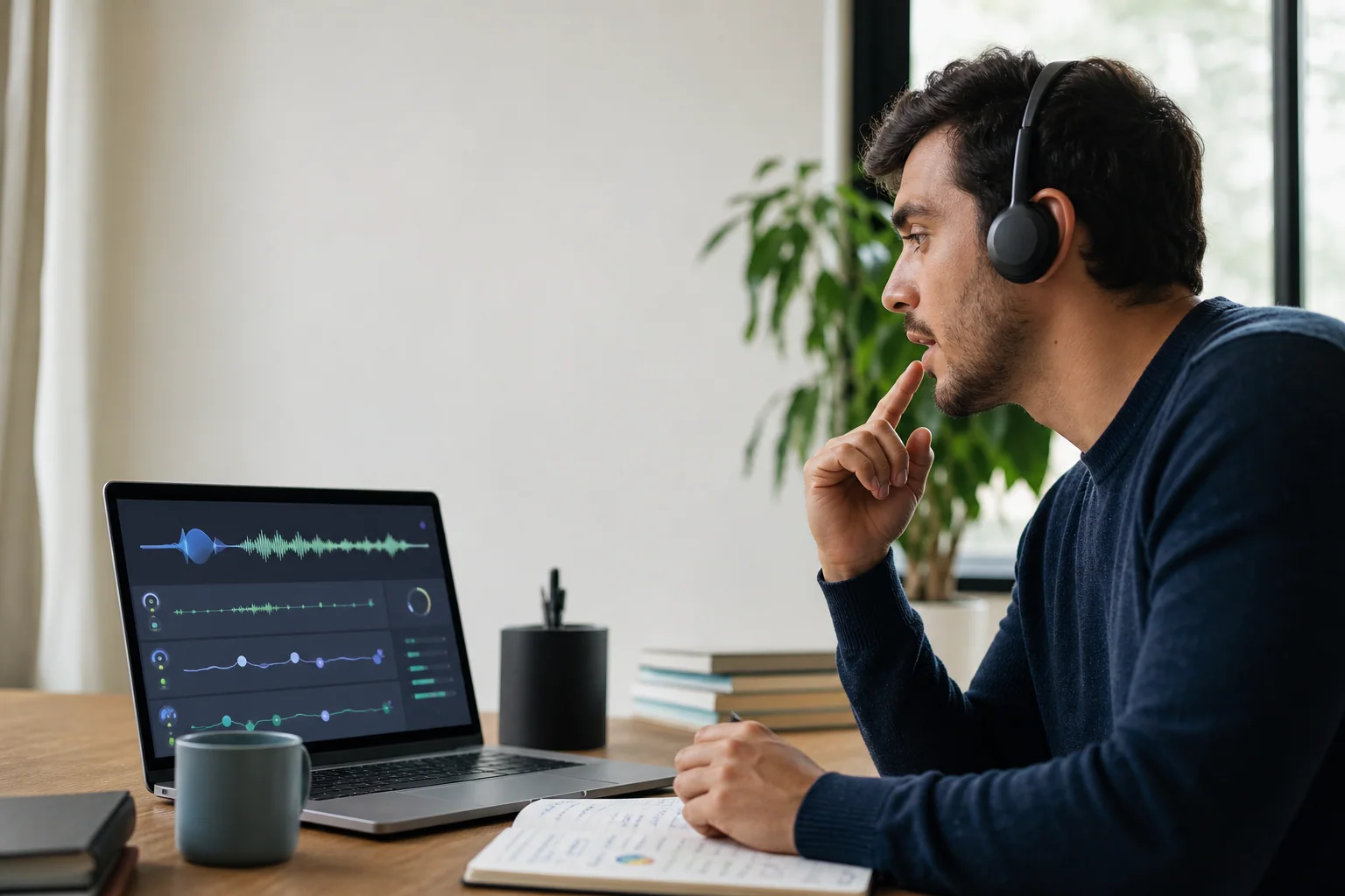 Pessoa praticando pronúncia em inglês com IA em um notebook, analisando som e ritmo em uma interface visual sem texto.