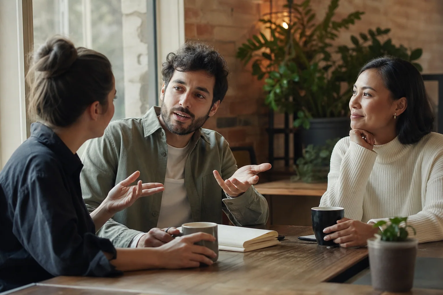 Grupo pequeno de adultos conversando de forma natural em um café contemporâneo, com expressões atentas e clima leve.