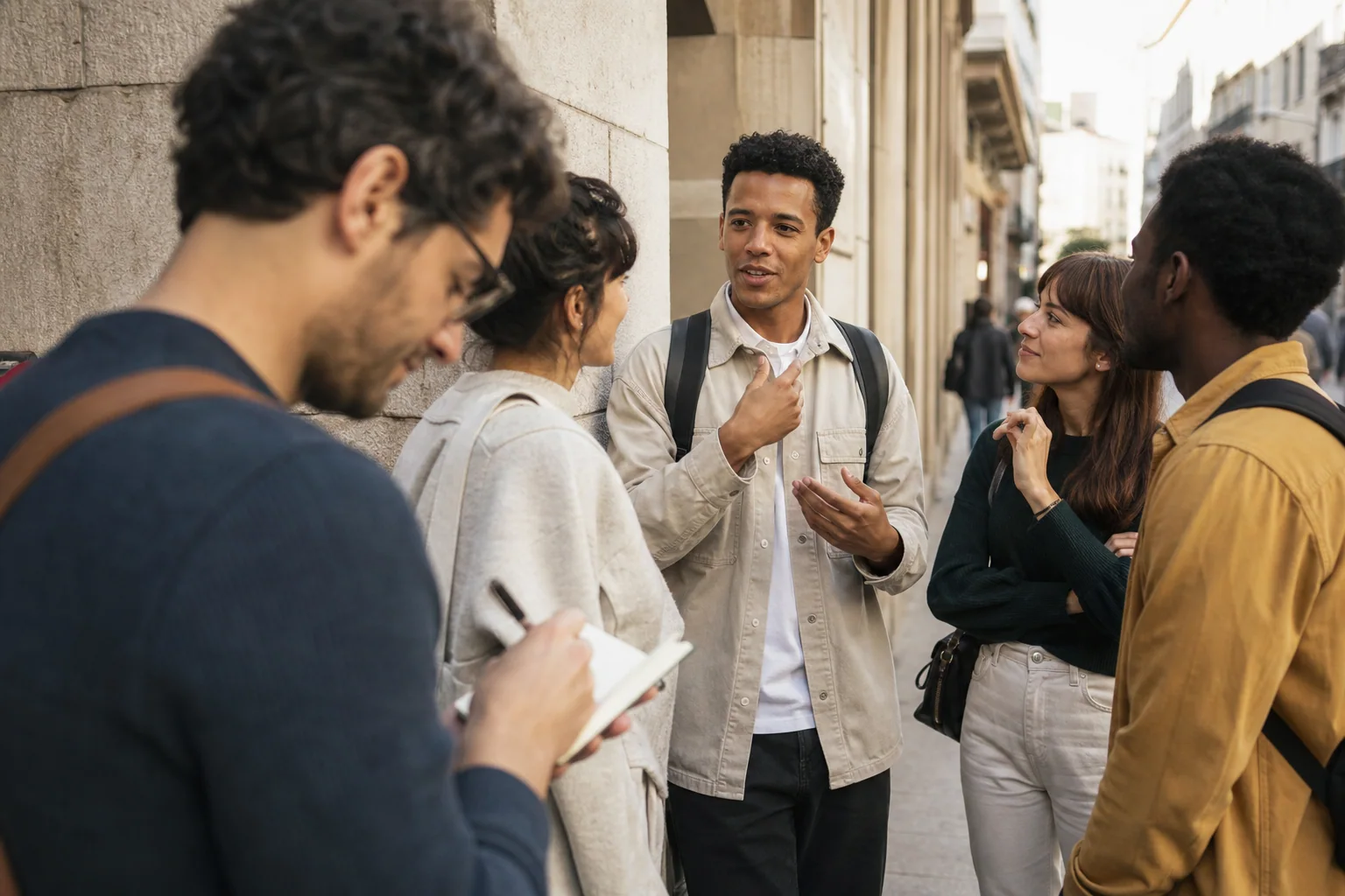 Grupo de adultos praticando inglês em um evento presencial, enquanto uma pessoa registra anotações curtas após a conversa em ambiente urbano.