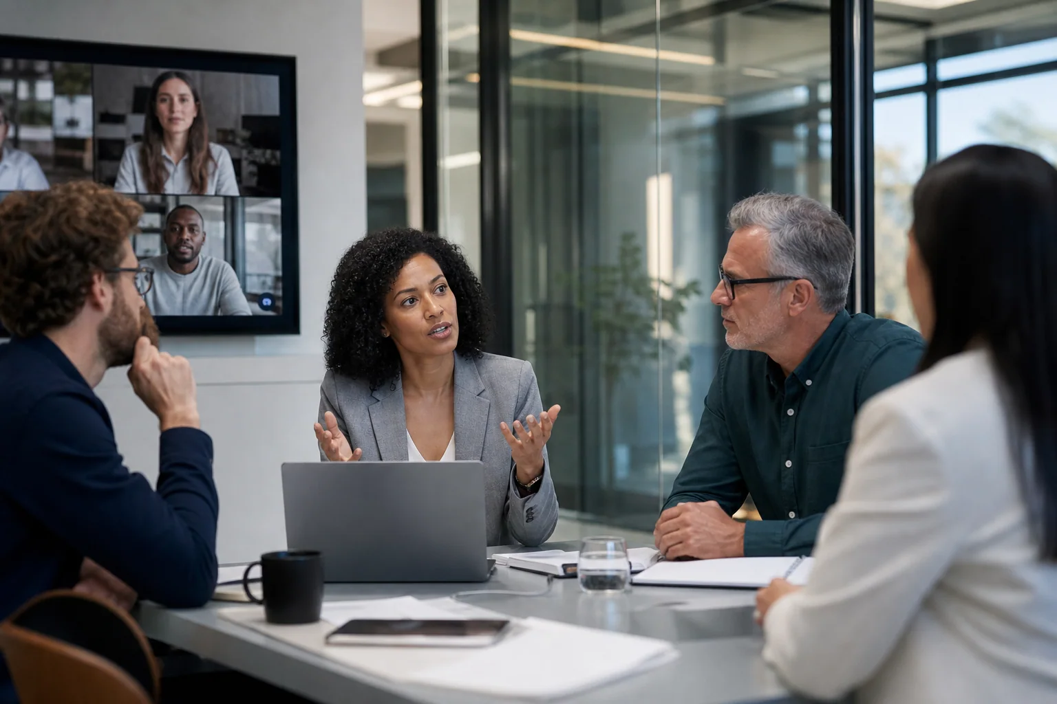 Profissionais em uma reunião de trabalho discutem um tema delicado com expressão atenta e postura colaborativa em uma sala de conferências moderna.