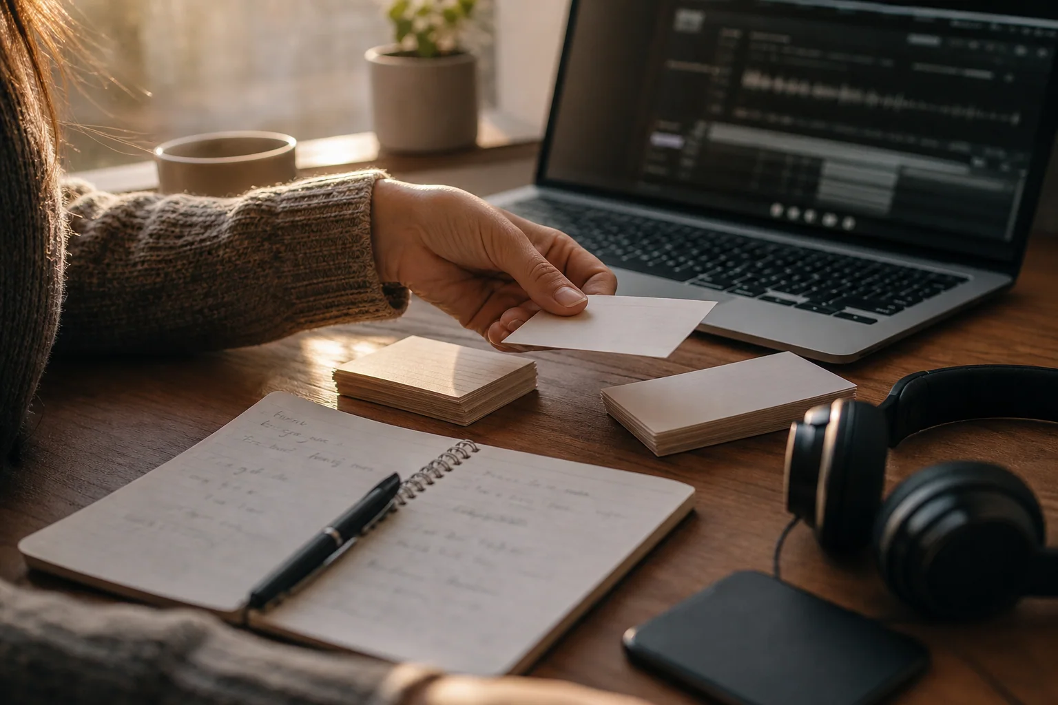Pessoa revisando poucos flashcards em uma mesa de estudo com caderno, fones e notebook desfocado, sugerindo aprendizado de inglês em contexto.