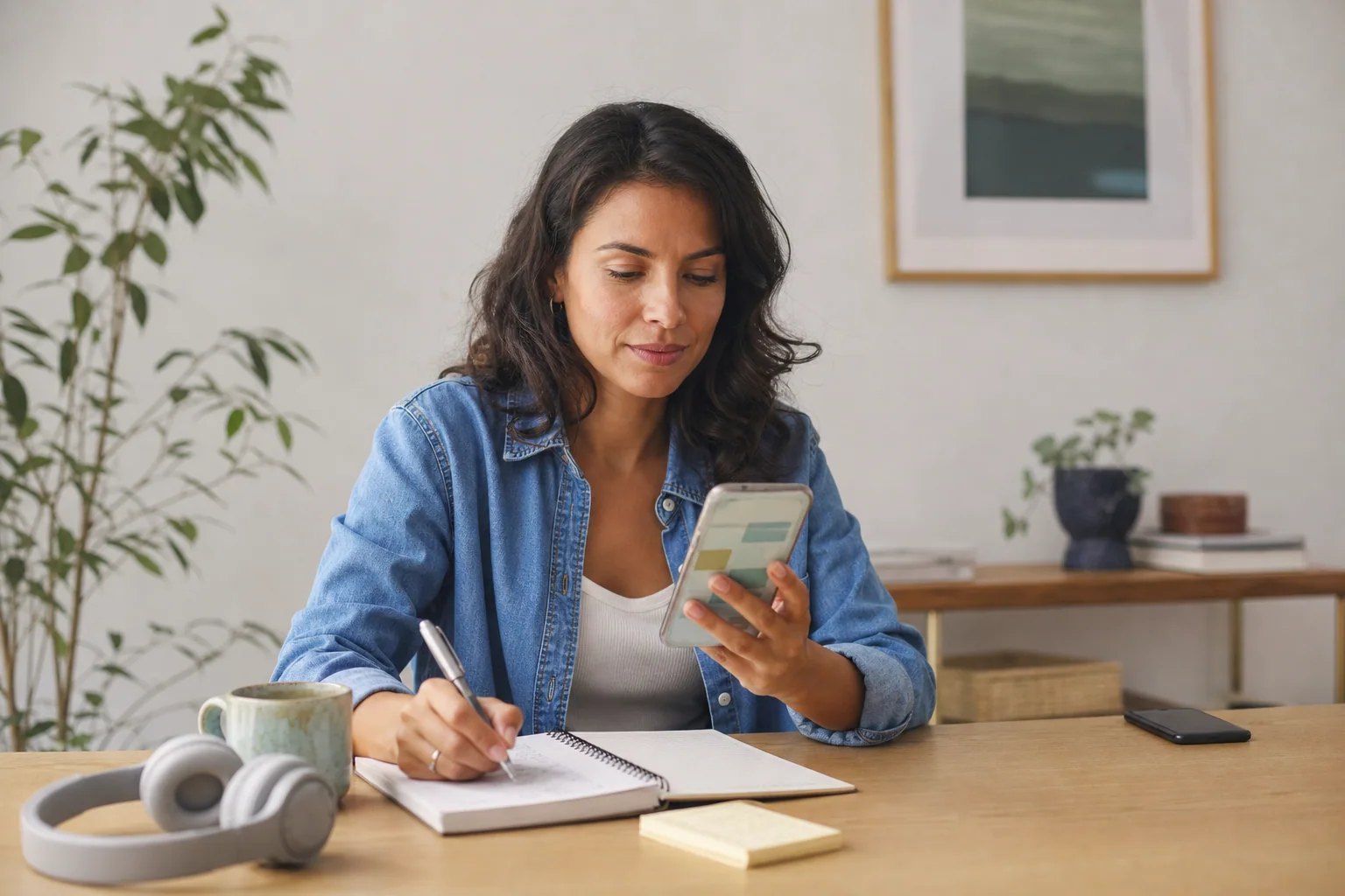 Pessoa adulta estudando inglês no celular com caderno aberto em mesa organizada, em ambiente doméstico, sugerindo foco em poucos apps e rotina simples.
